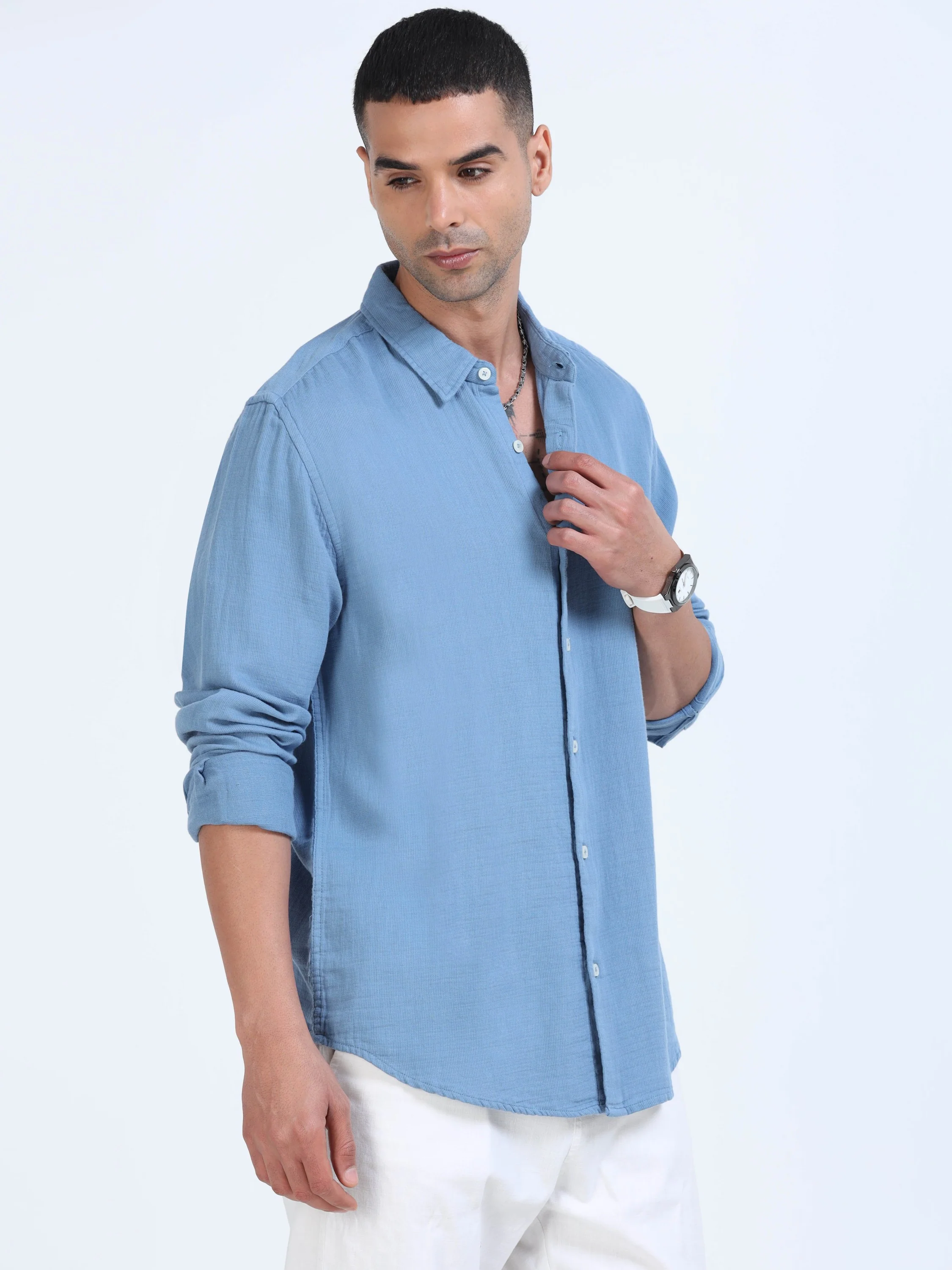 Men Blue Cotton Double Cloth Shirt - Image 3