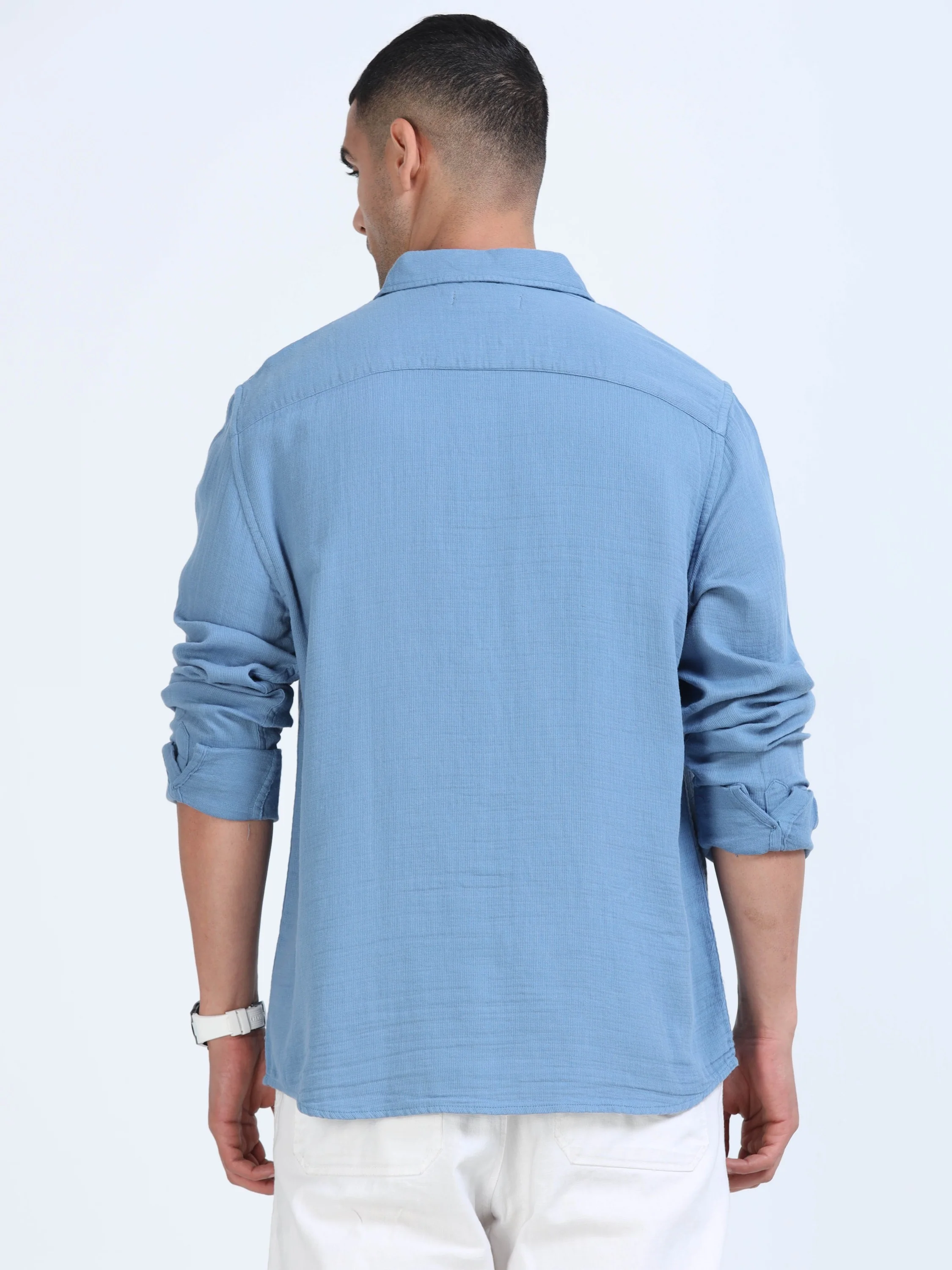 Men Blue Cotton Double Cloth Shirt - Image 4
