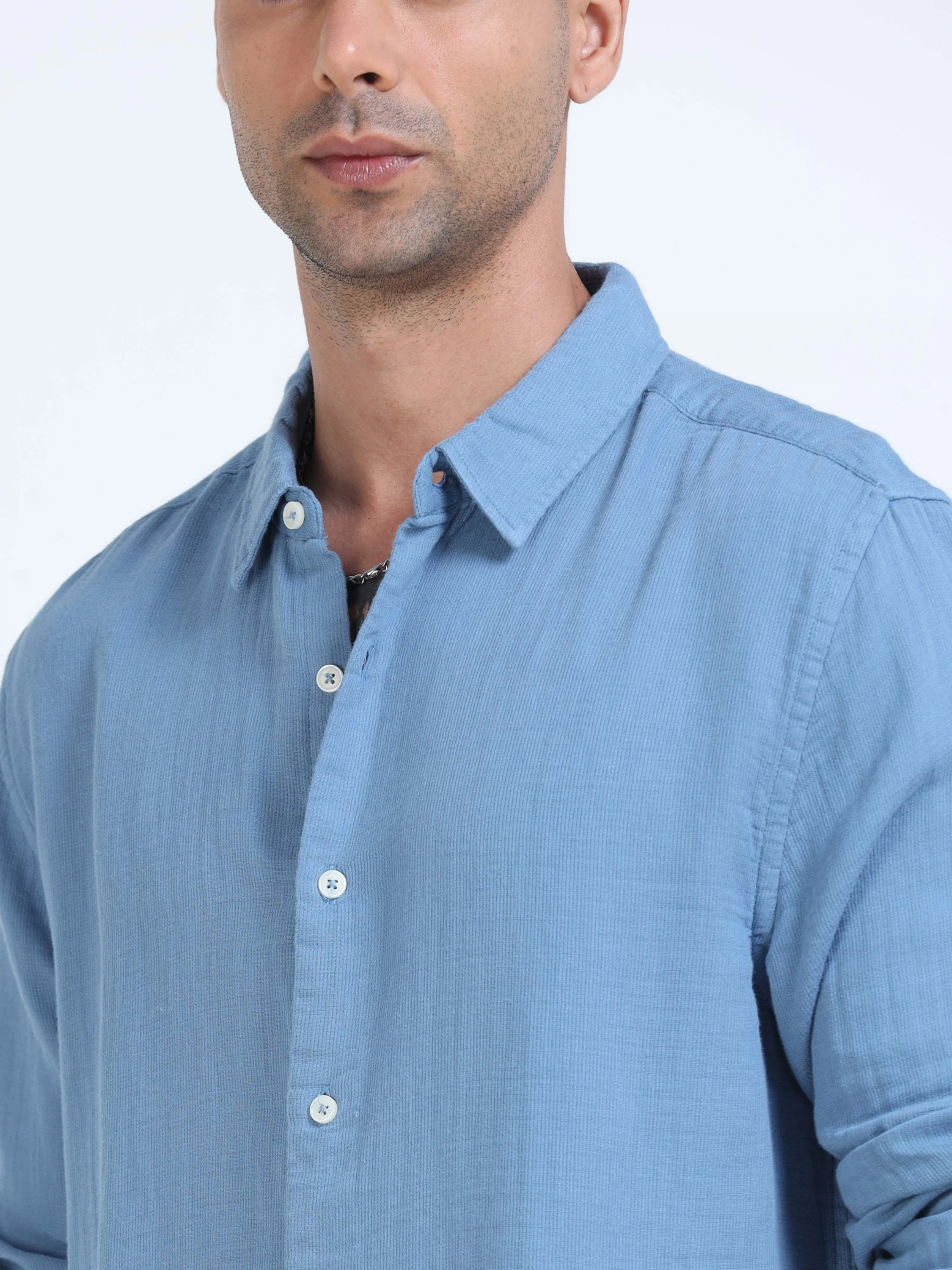 Men Blue Cotton Double Cloth Shirt - Image 5