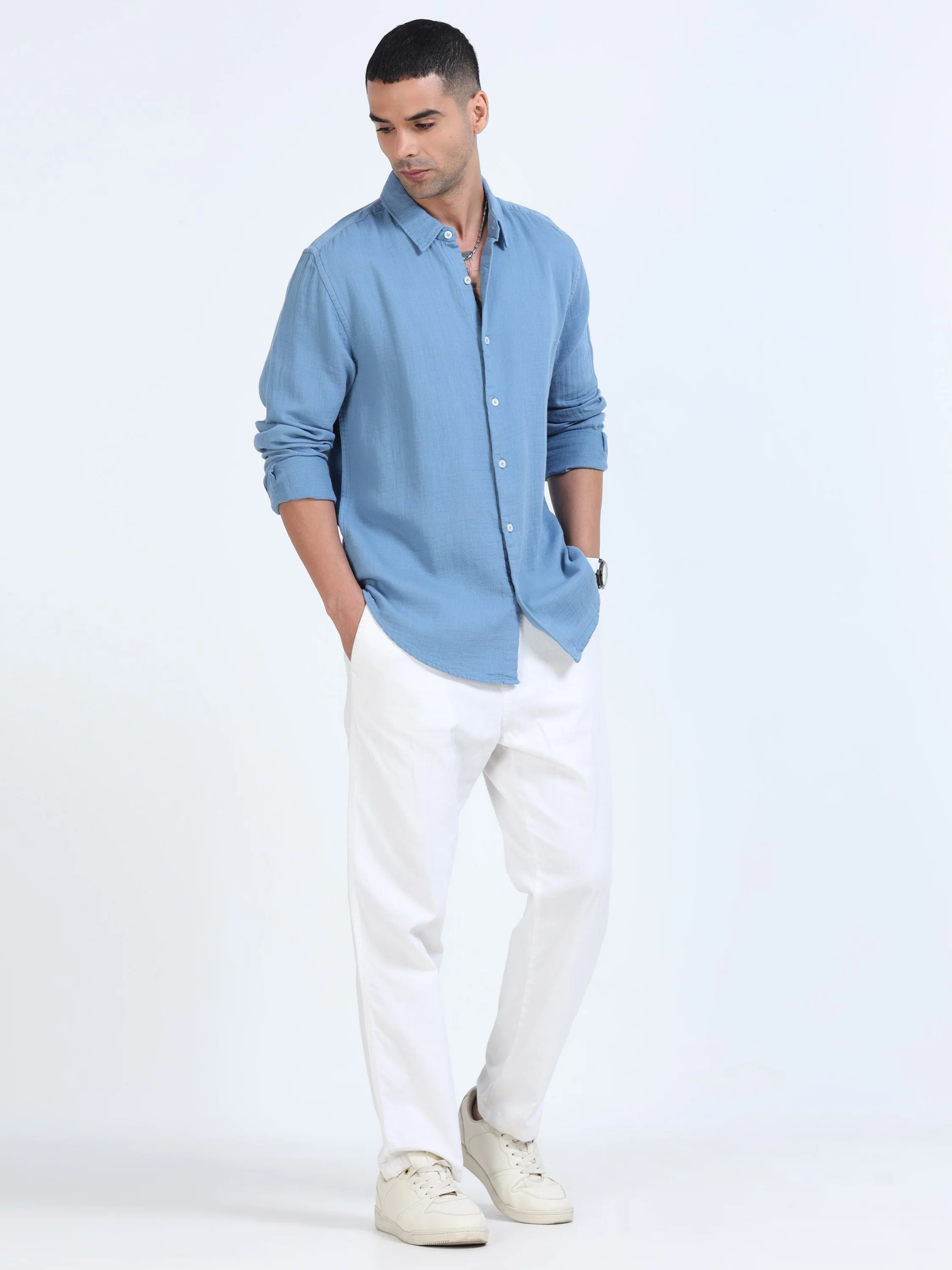 Men Blue Cotton Double Cloth Shirt - Image 6