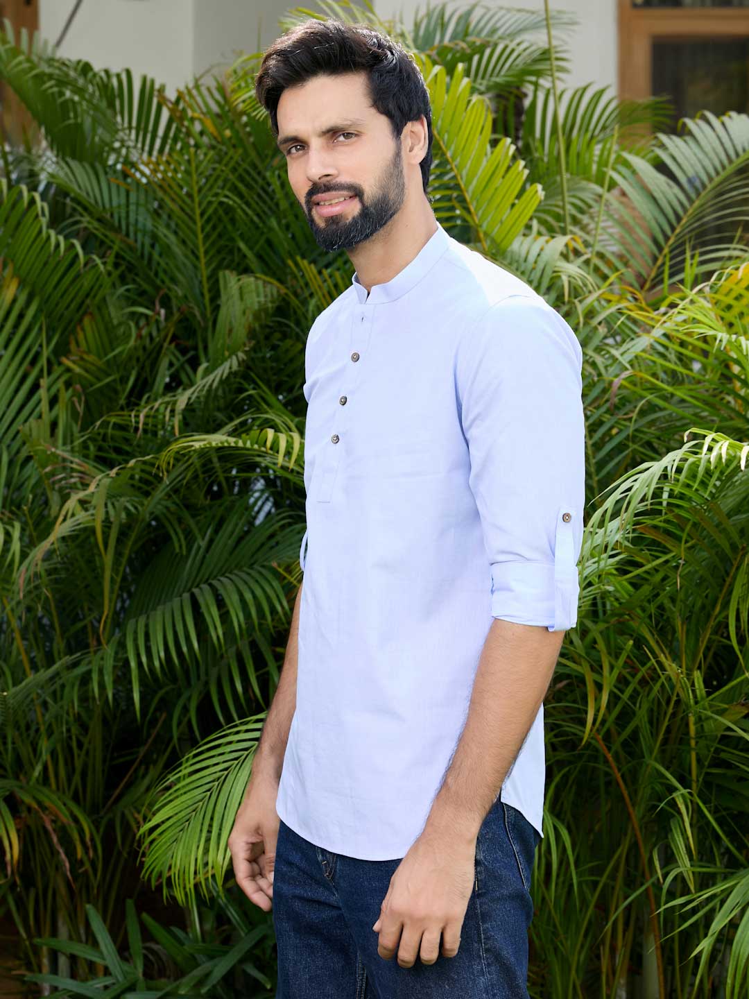 Men Blue Solid Cotton Short Kurta - Image 2