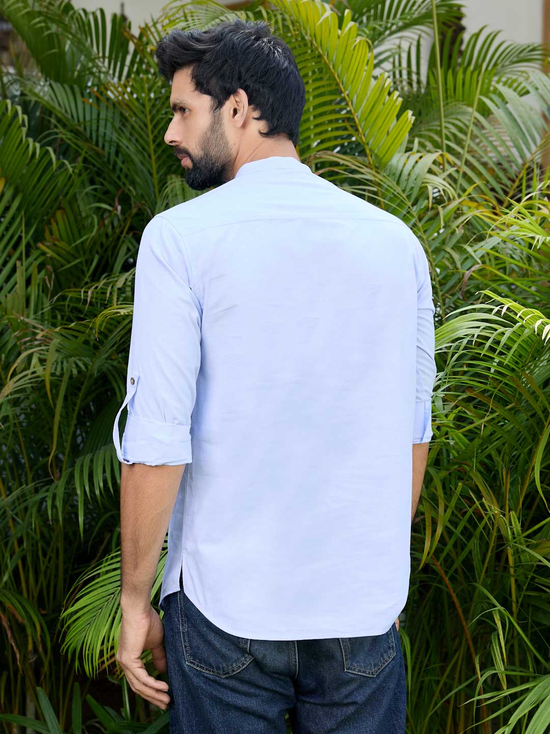 Men Blue Solid Cotton Short Kurta - Image 3
