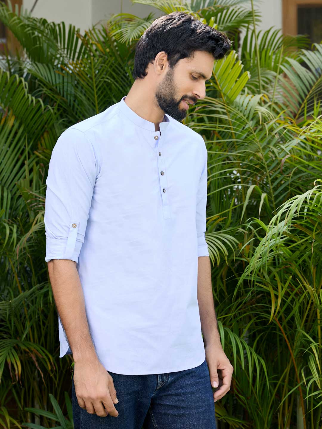 Men Blue Solid Cotton Short Kurta - Image 4