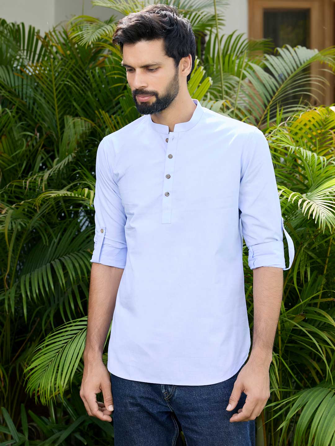 Men Blue Solid Cotton Short Kurta - Image 5