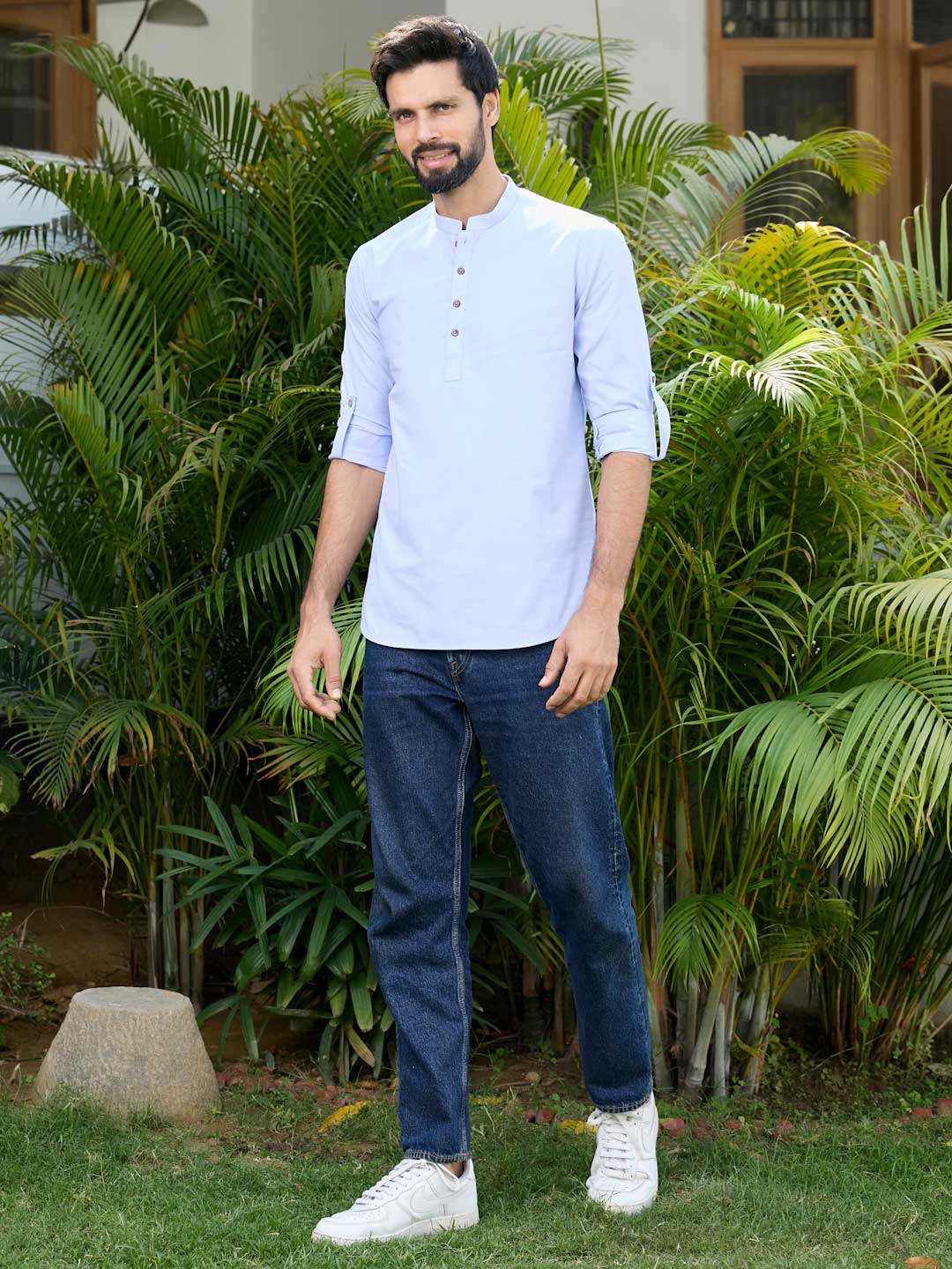 Men Blue Solid Cotton Short Kurta - Image 7