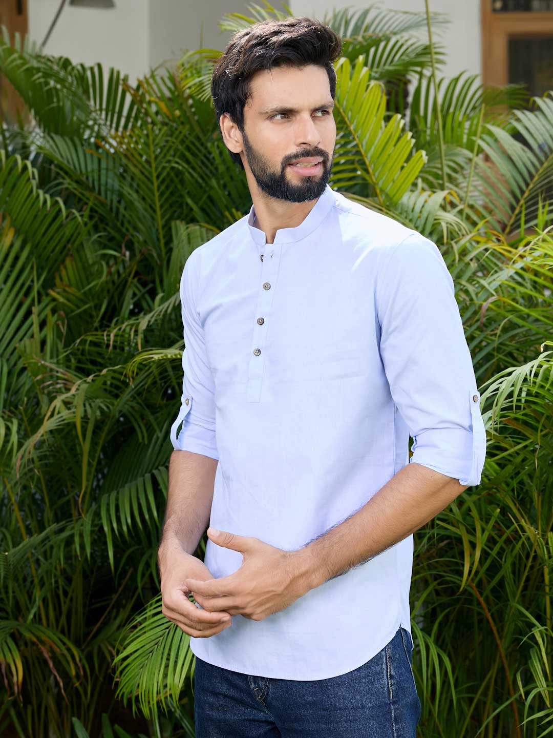 Men Blue Solid Cotton Short Kurta - Image 8