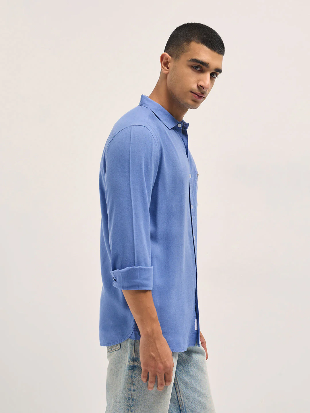 Men Blue Solid Lyocell Slim Fit Casual Shirt - Image 3