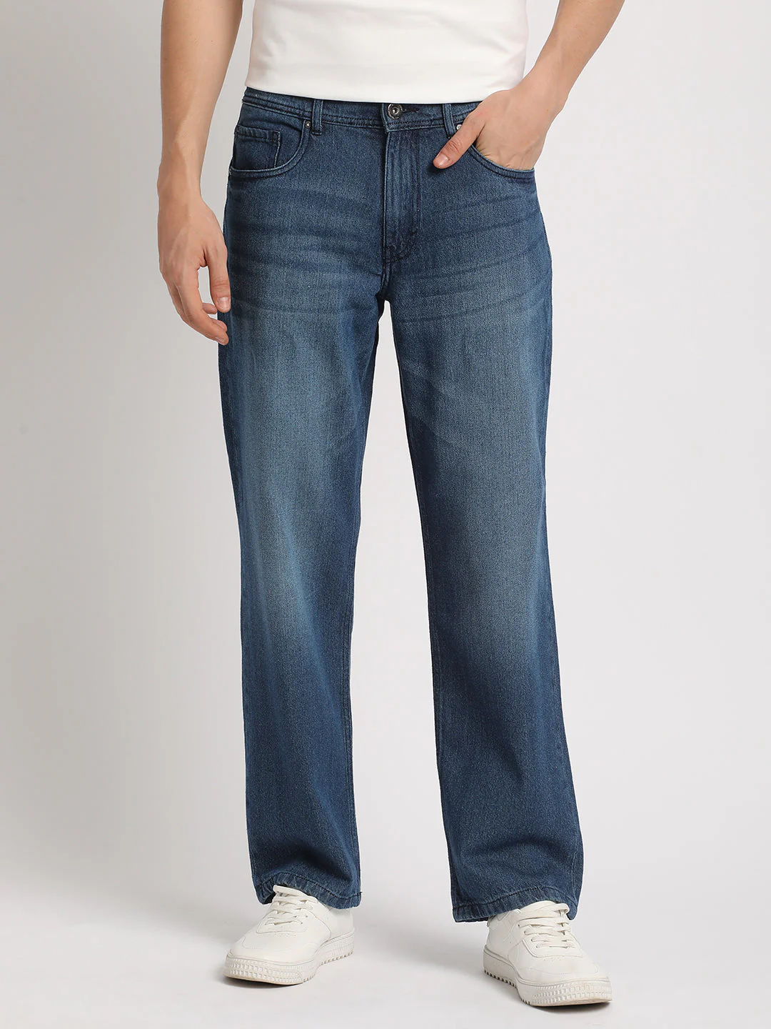 Men Blue Solid Mid Rise Straight Fit Jean - Image 2