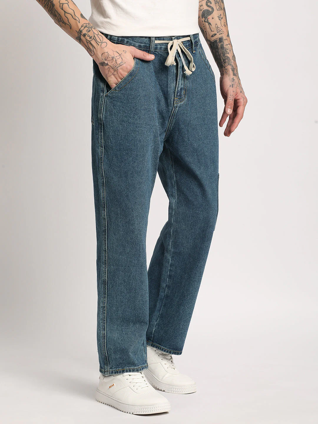 Men  Blue Solid Mid Rise Straight Fit Jeans - Image 3