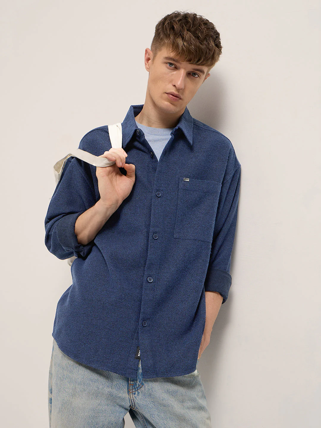 Men Blue Solid Polyester Blend Relaxed Fit Overshirt