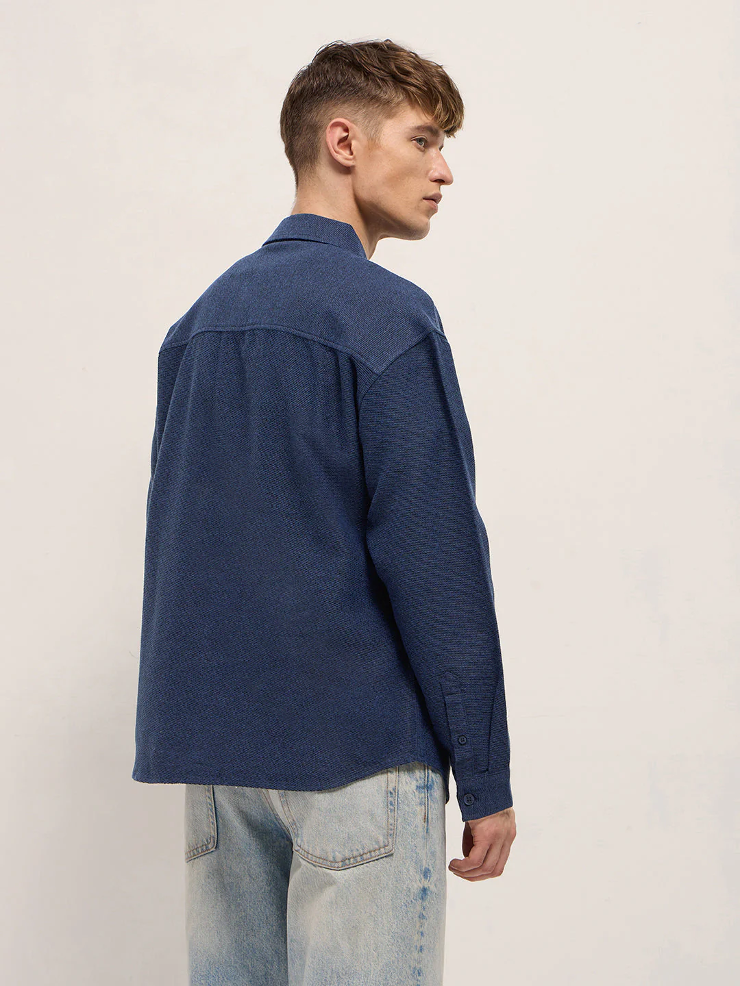 Men Blue Solid Polyester Blend Relaxed Fit Overshirt - Image 2
