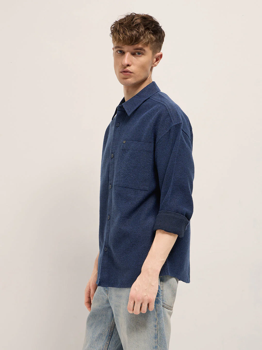 Men Blue Solid Polyester Blend Relaxed Fit Overshirt - Image 3