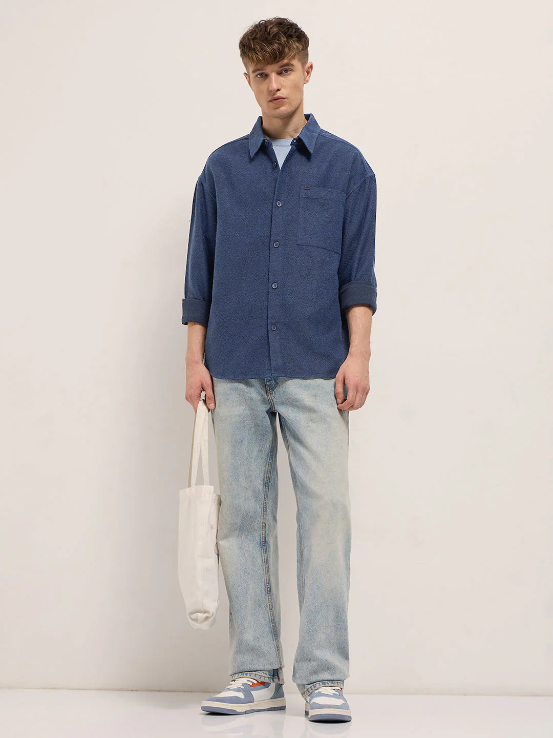 Men Blue Solid Polyester Blend Relaxed Fit Overshirt - Image 4
