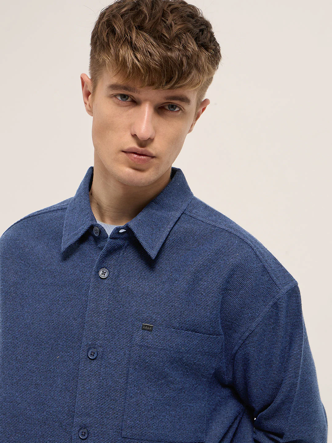 Men Blue Solid Polyester Blend Relaxed Fit Overshirt - Image 5