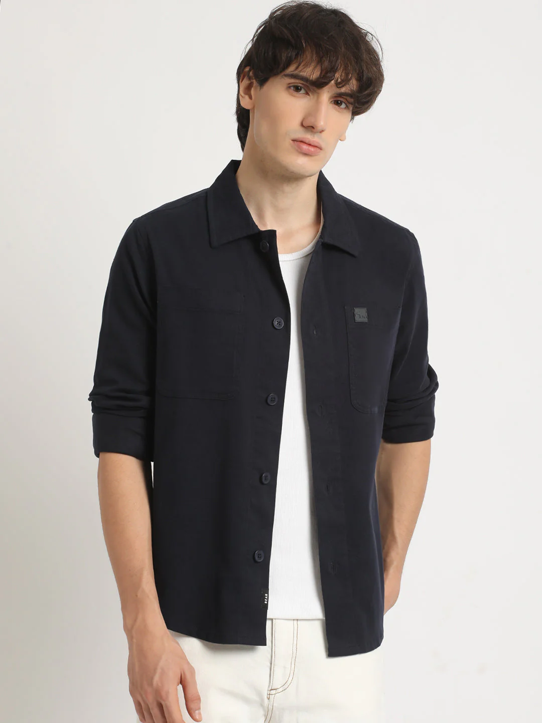 Men  Blue Solid Regular Fit Cotton Overshirt - Image 2
