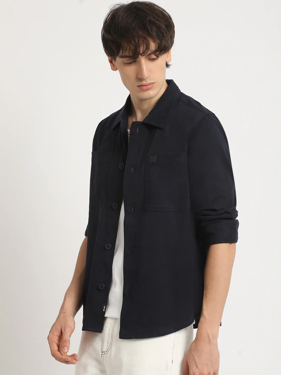 Men  Blue Solid Regular Fit Cotton Overshirt - Image 3