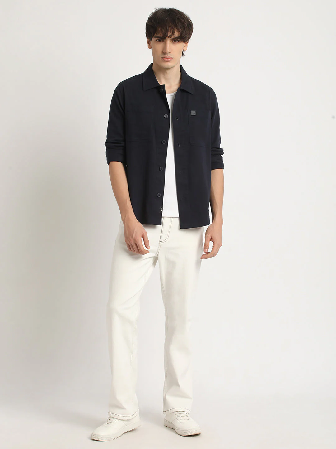 Men  Blue Solid Regular Fit Cotton Overshirt - Image 5