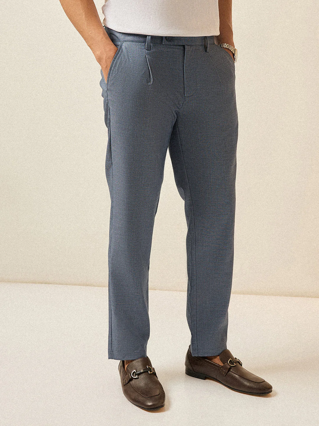 Men Blue Solid Regular Fit Formal Trouser