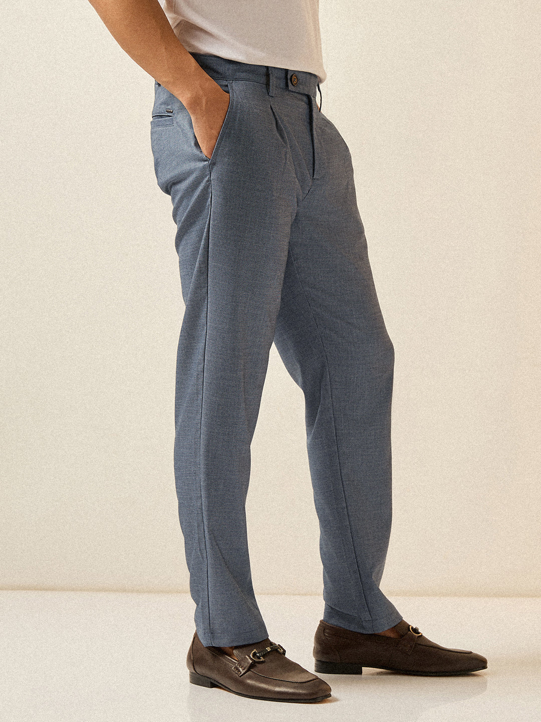 Men Blue Solid Regular Fit Formal Trouser - Image 3