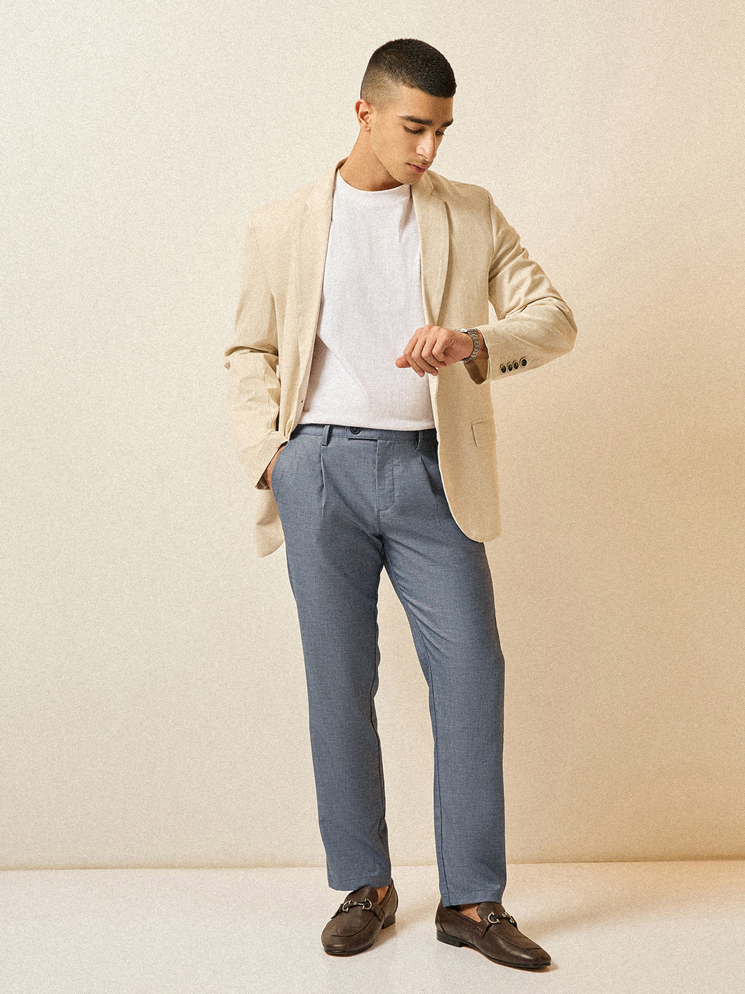 Men Blue Solid Regular Fit Formal Trouser - Image 4