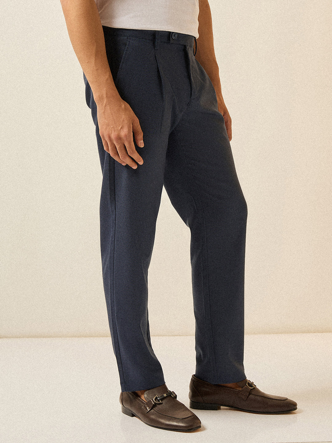Men Blue Solid Regular Fit Formal Trouser - Image 3