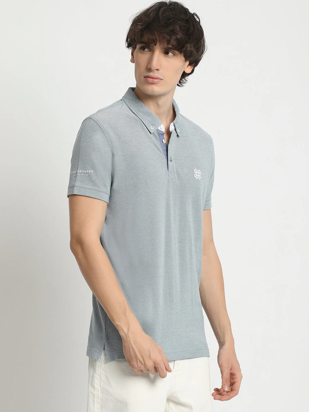 Men Blue Solid Regular Fit Polo Collar T-shirt - Image 3