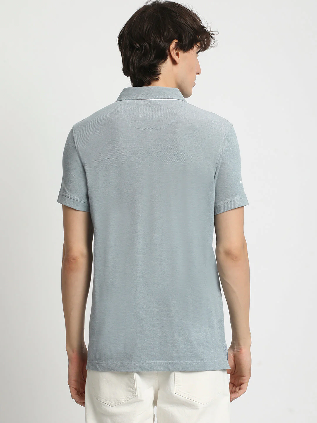 Men Blue Solid Regular Fit Polo Collar T-shirt - Image 4