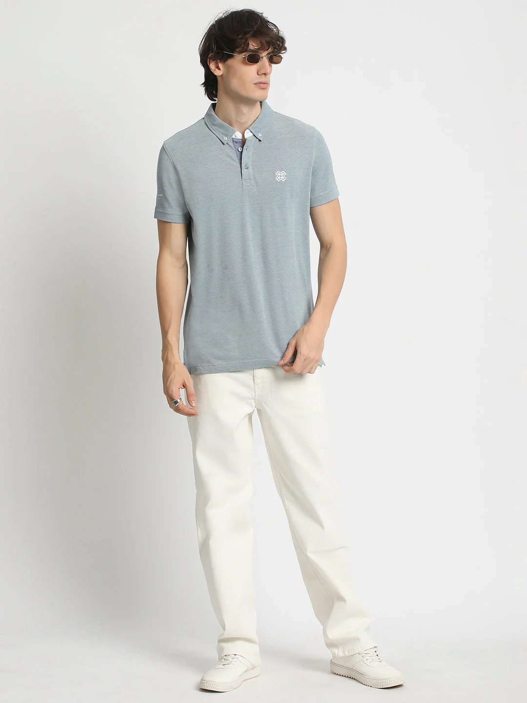 Men Blue Solid Regular Fit Polo Collar T-shirt - Image 5