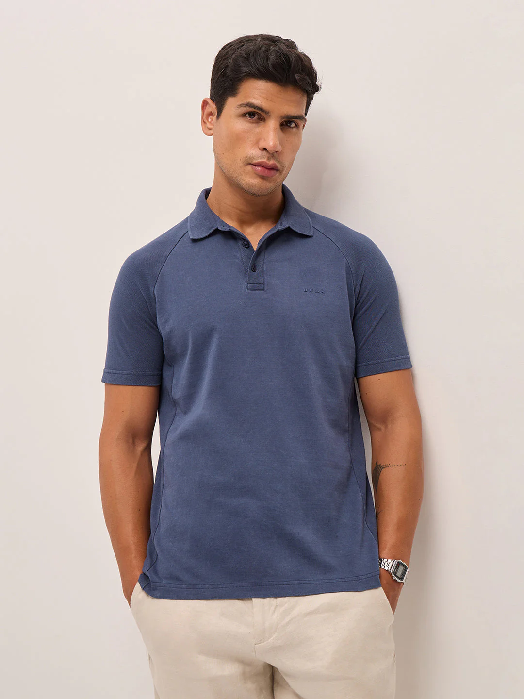 Men Blue Solid Regular Fit Polo Collar T-shirt