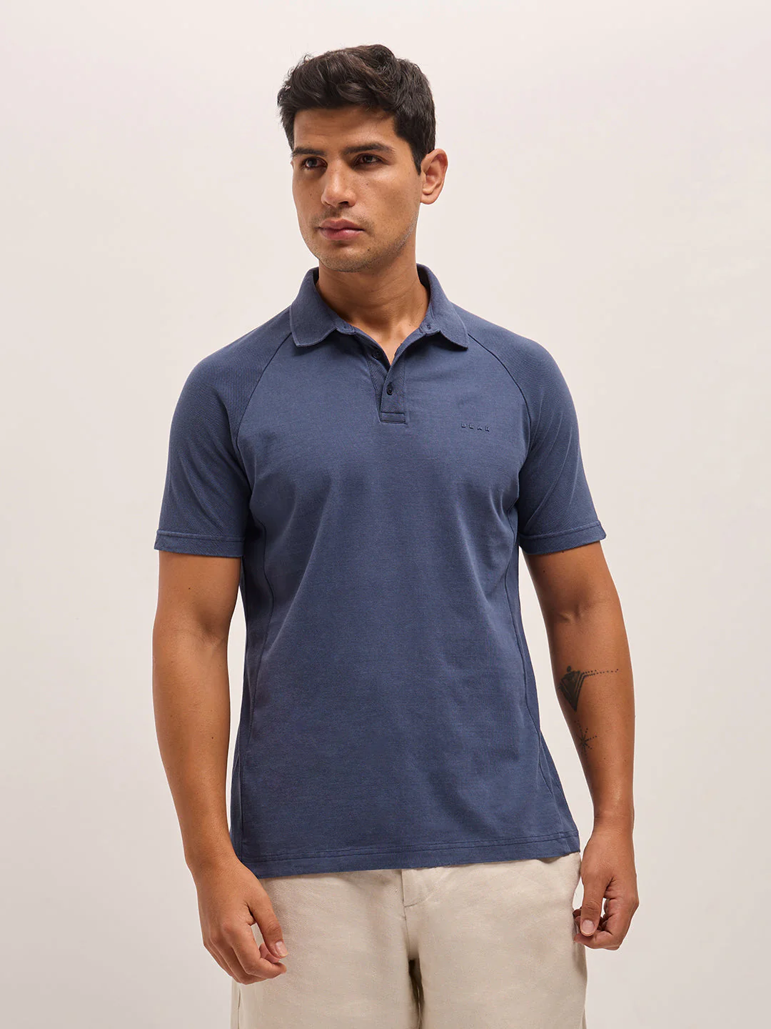 Men Blue Solid Regular Fit Polo Collar T-shirt - Image 6