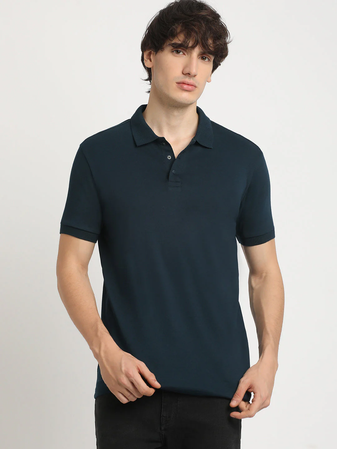 Men Blue Solid Regular Fit Polo Collar Tshirt - Image 2