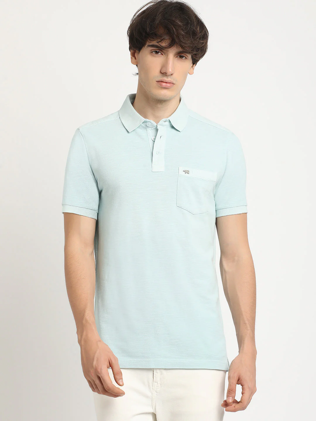 Men Blue Solid Regular Fit Polo Collar Tshirt - Image 2