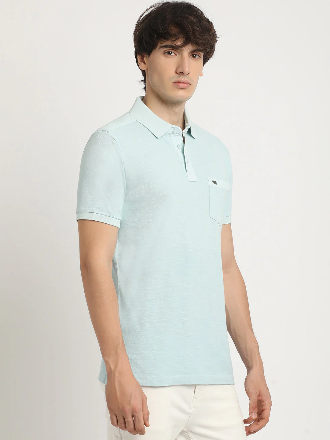 Men Blue Solid Regular Fit Polo Collar Tshirt - Image 3