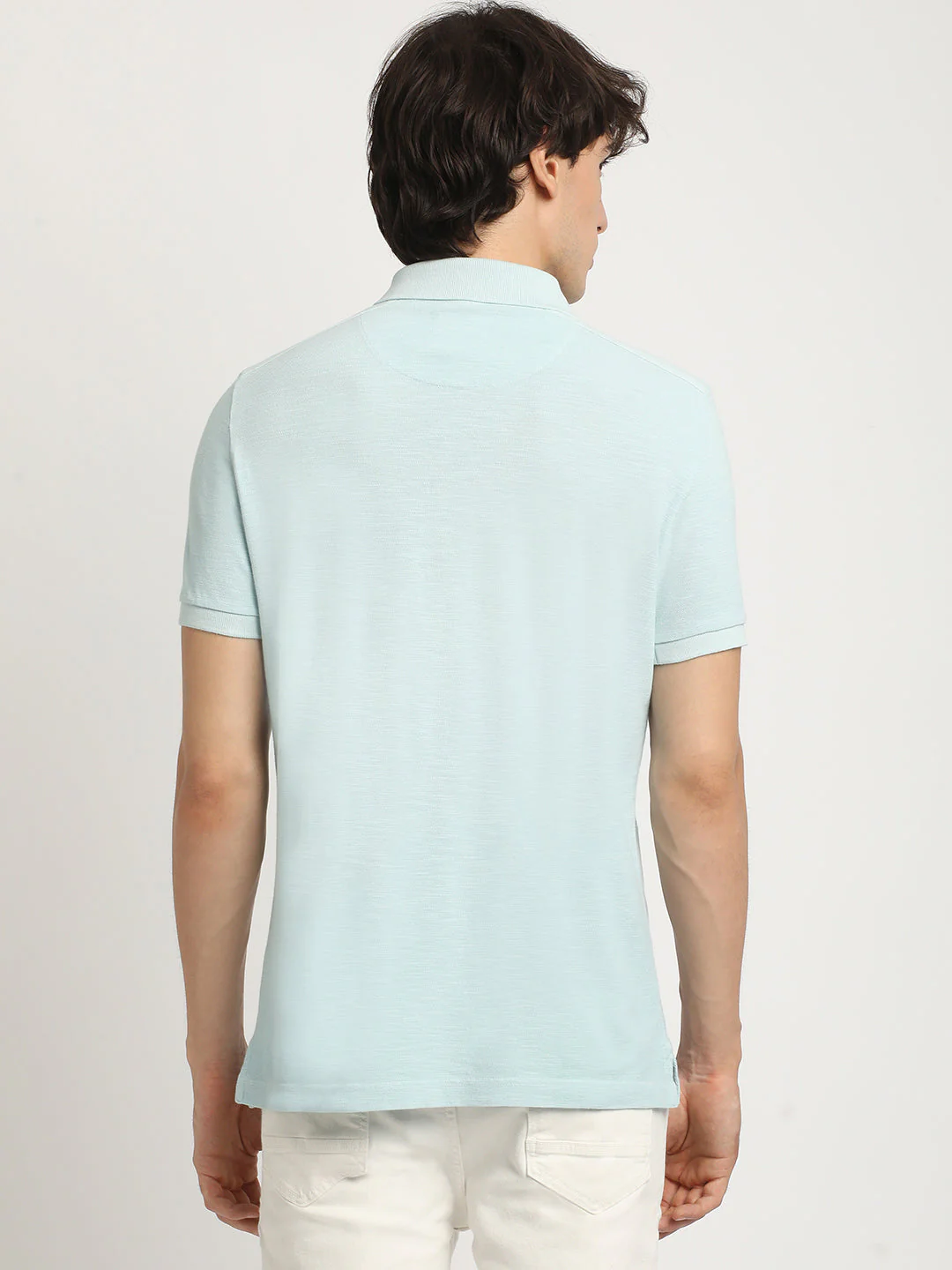 Men Blue Solid Regular Fit Polo Collar Tshirt - Image 4