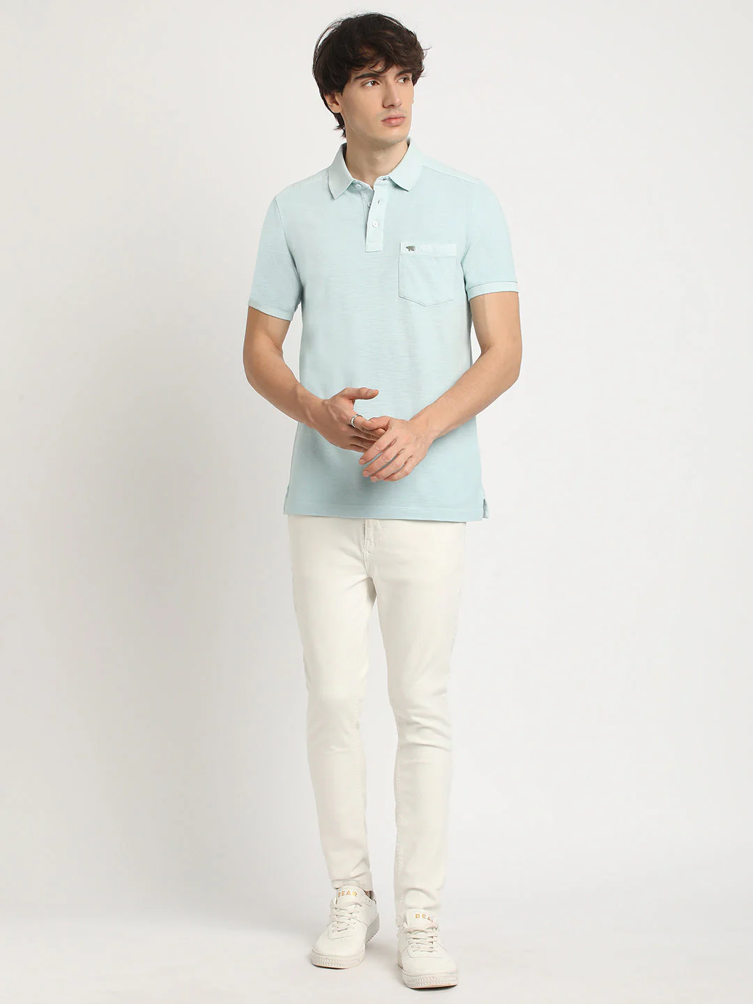 Men Blue Solid Regular Fit Polo Collar Tshirt - Image 5