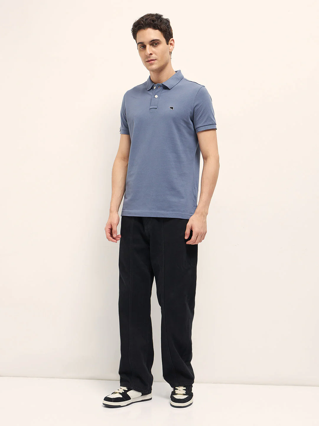 Men Blue Solid Regular Fit Polo - Image 4