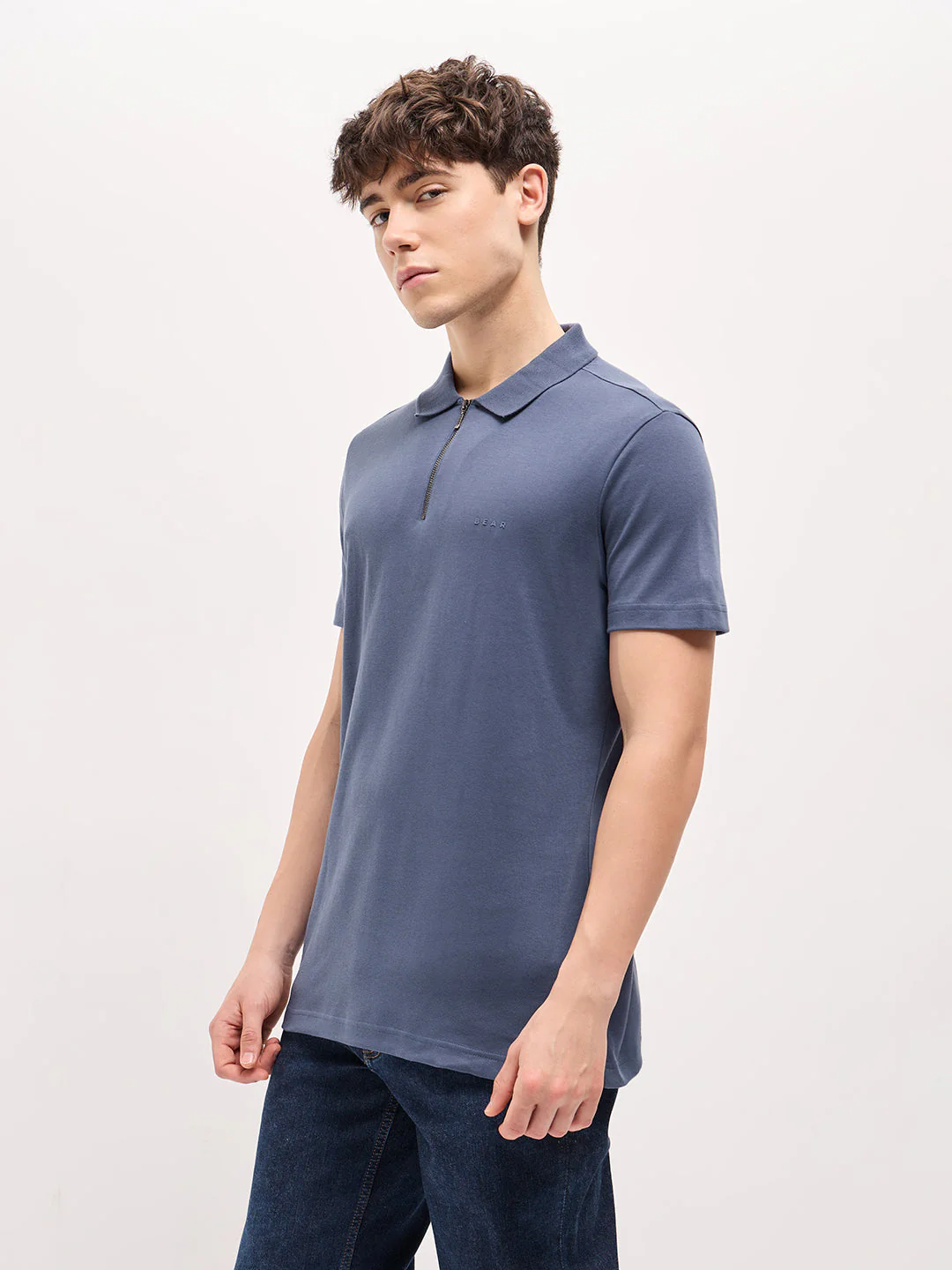 Men Blue Solid Regular Fit Polo T-shirt - Image 3