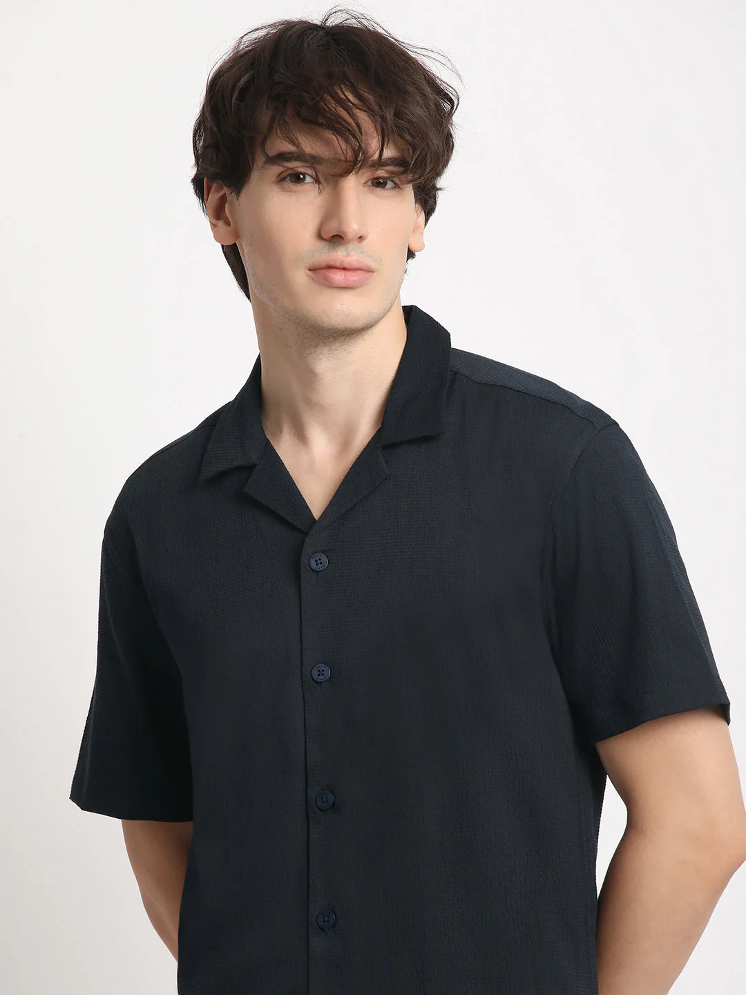 Men Blue Solid Regular Fit Poly Viscose Casual Shirt