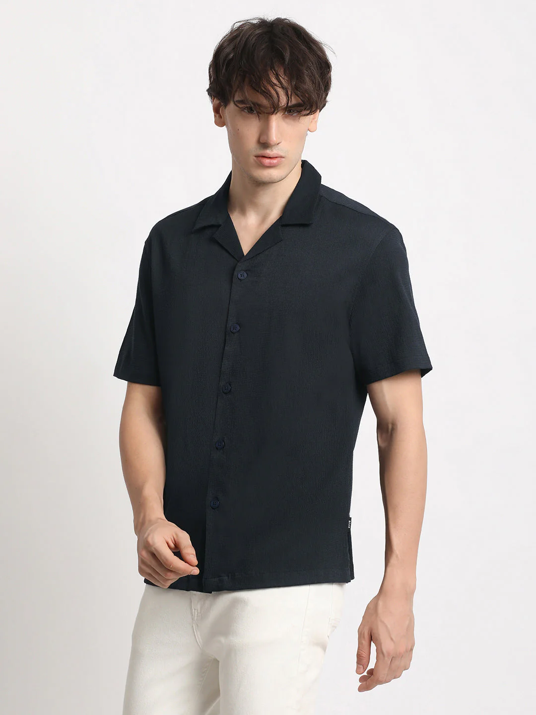Men Blue Solid Regular Fit Poly Viscose Casual Shirt - Image 3