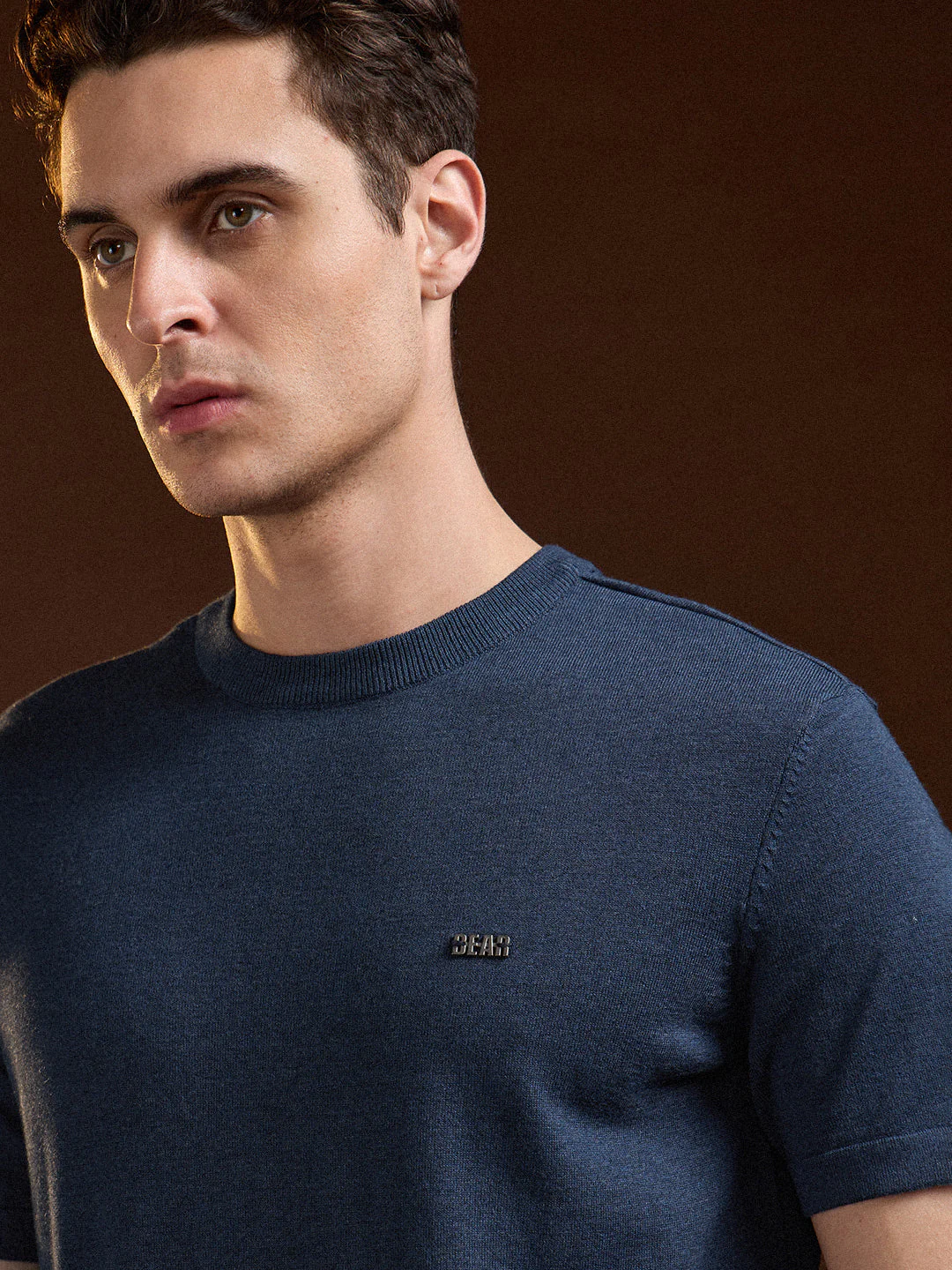 Men Blue Solid Regular Fit Ribbed Crew Neck T-shirt - Image 5
