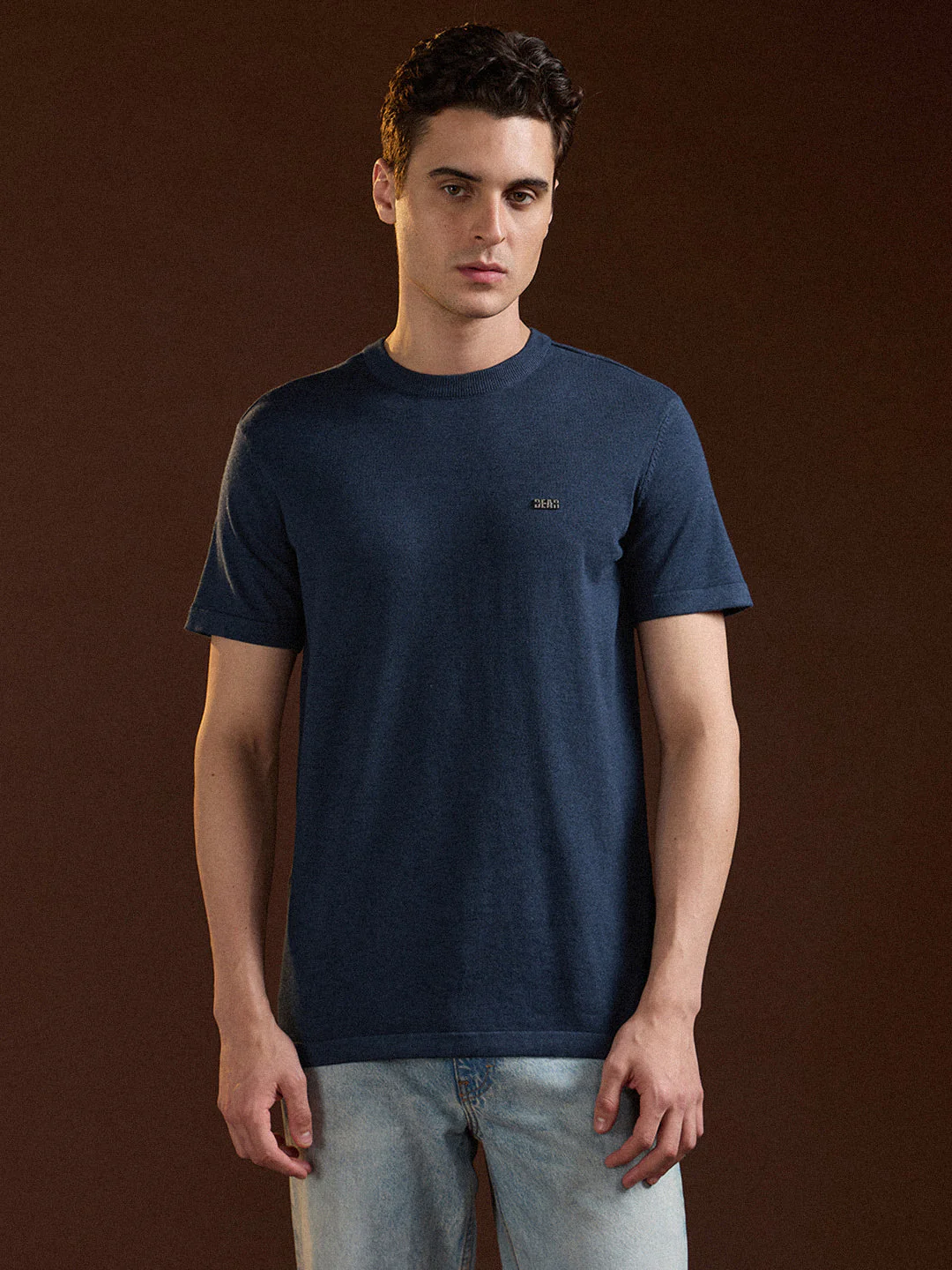 Men Blue Solid Regular Fit Ribbed Crew Neck T-shirt - Image 6