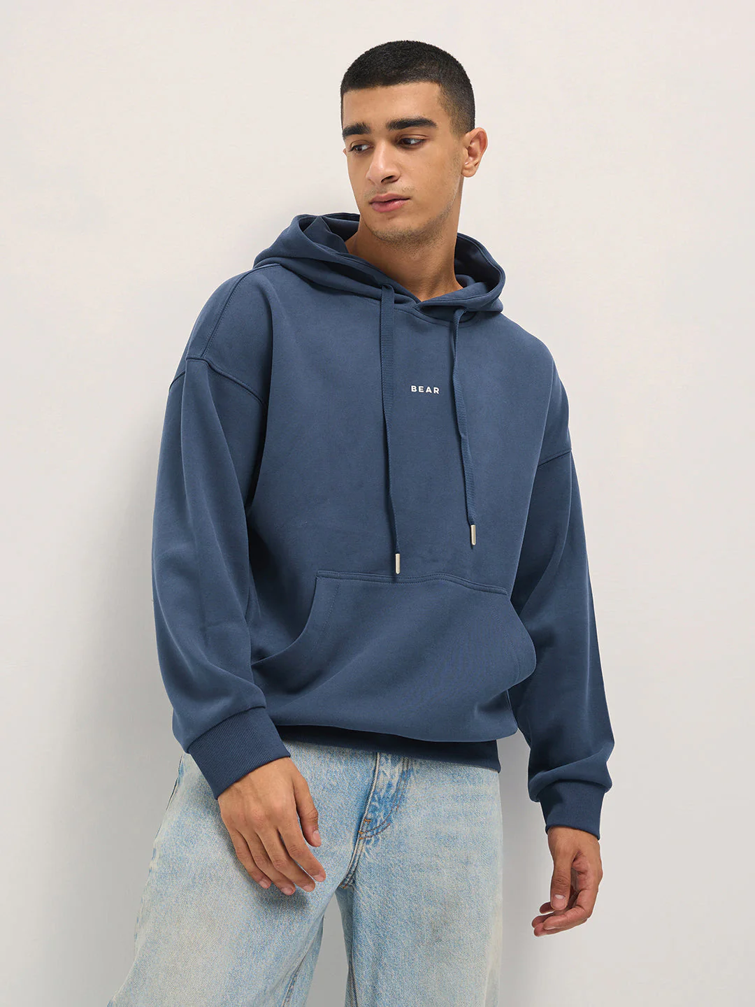 Men Blue Solid Relax Fit Hoodie