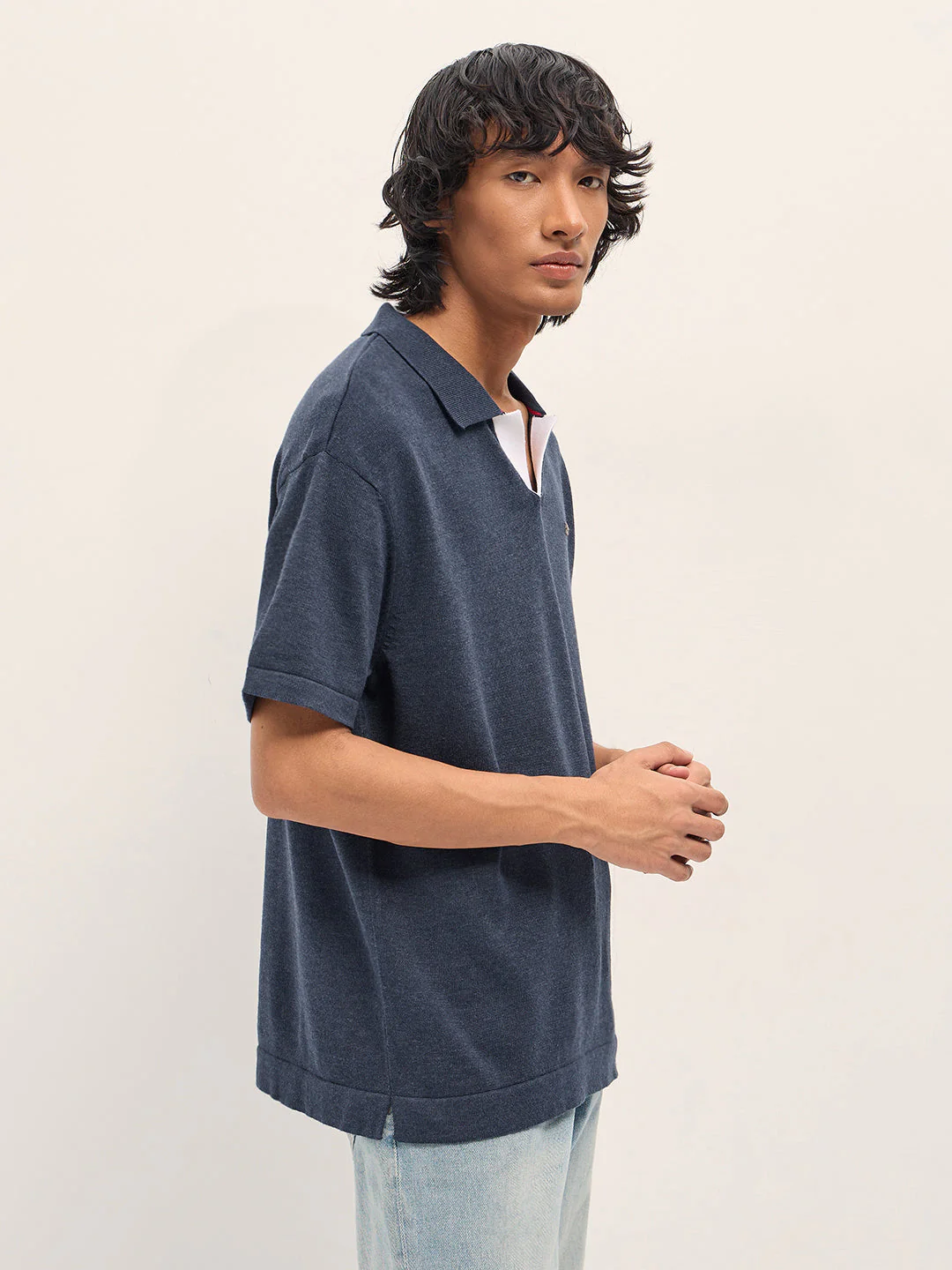 Men Blue Solid Relaxed Fit Polo - Image 3