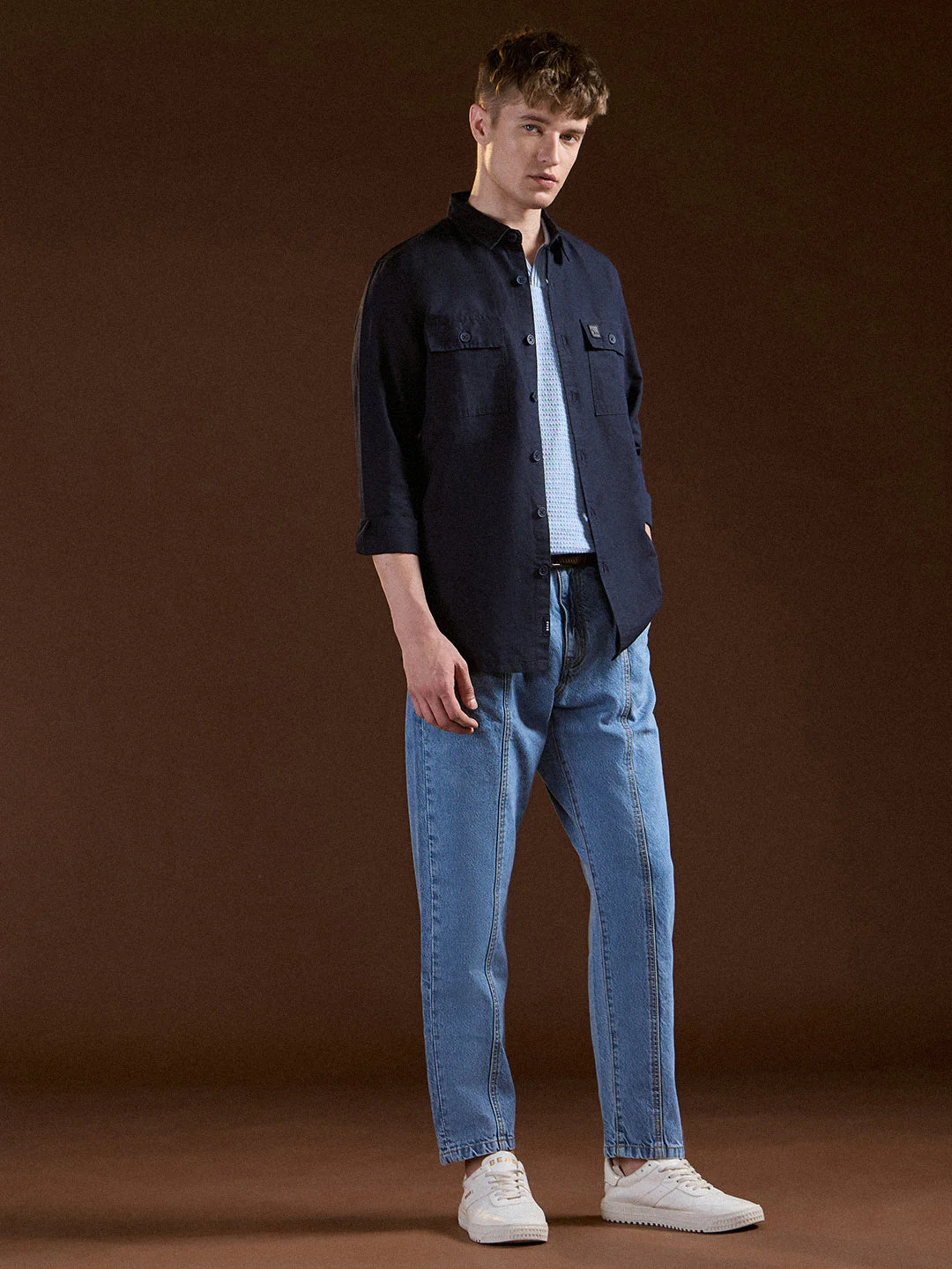 Men Blue Solid Slim Fit Casual Shirt - Image 4