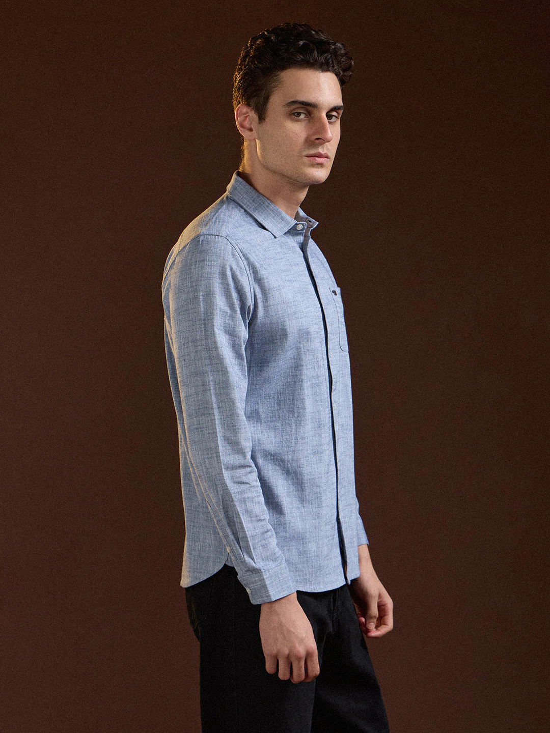 Men Blue Solid Slim Fit Cotton Casual Shirt - Image 3