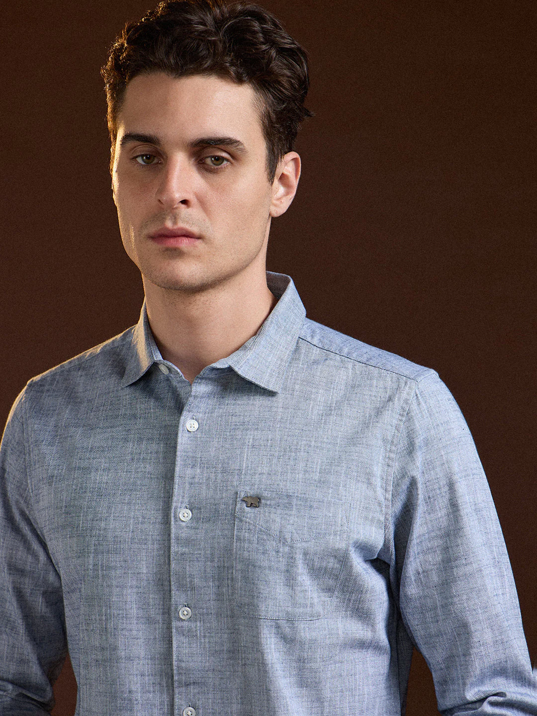Men Blue Solid Slim Fit Cotton Casual Shirt - Image 5