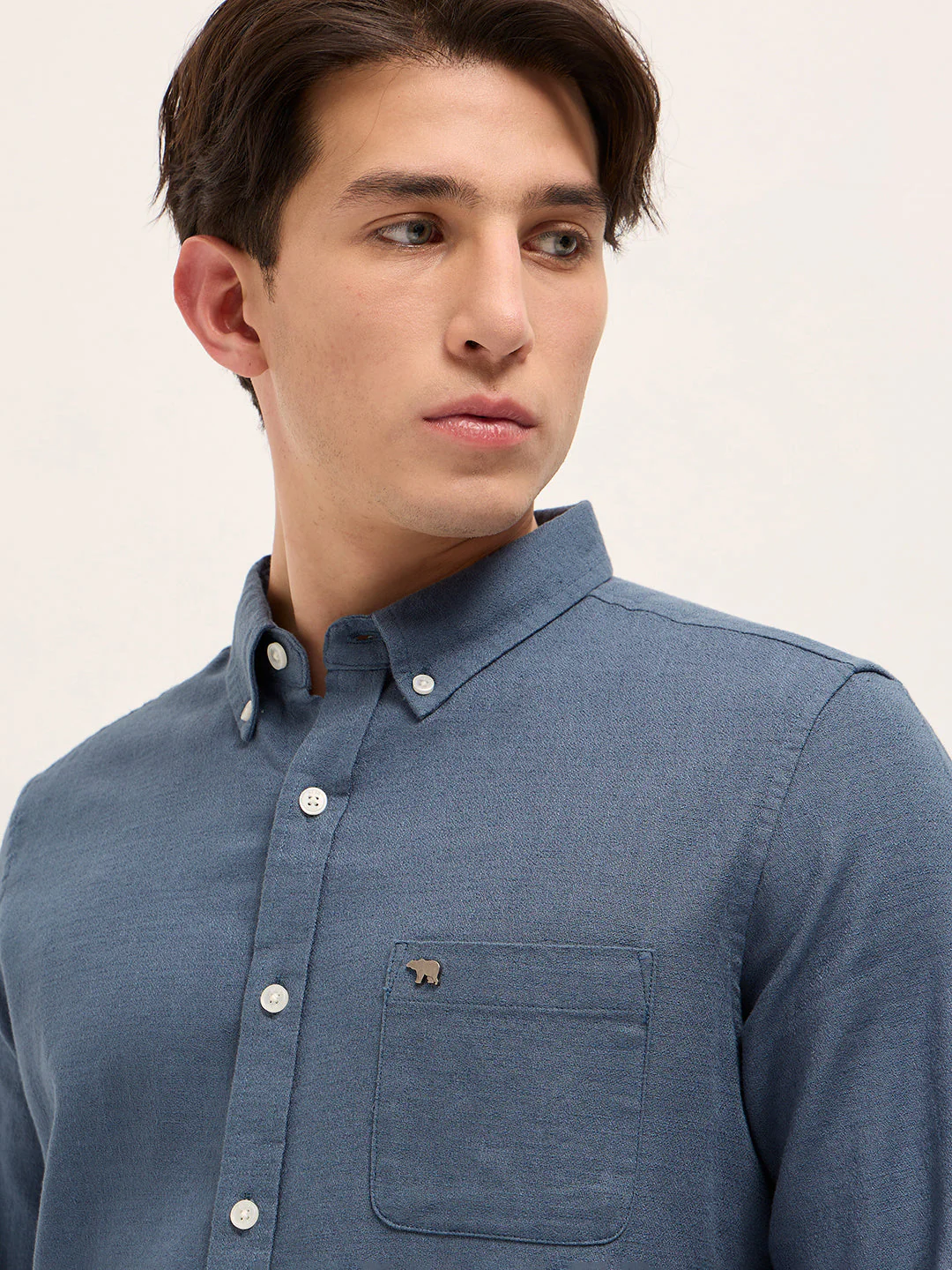 Men Blue Solid Slim Fit Cotton Casual Shirt - Image 5