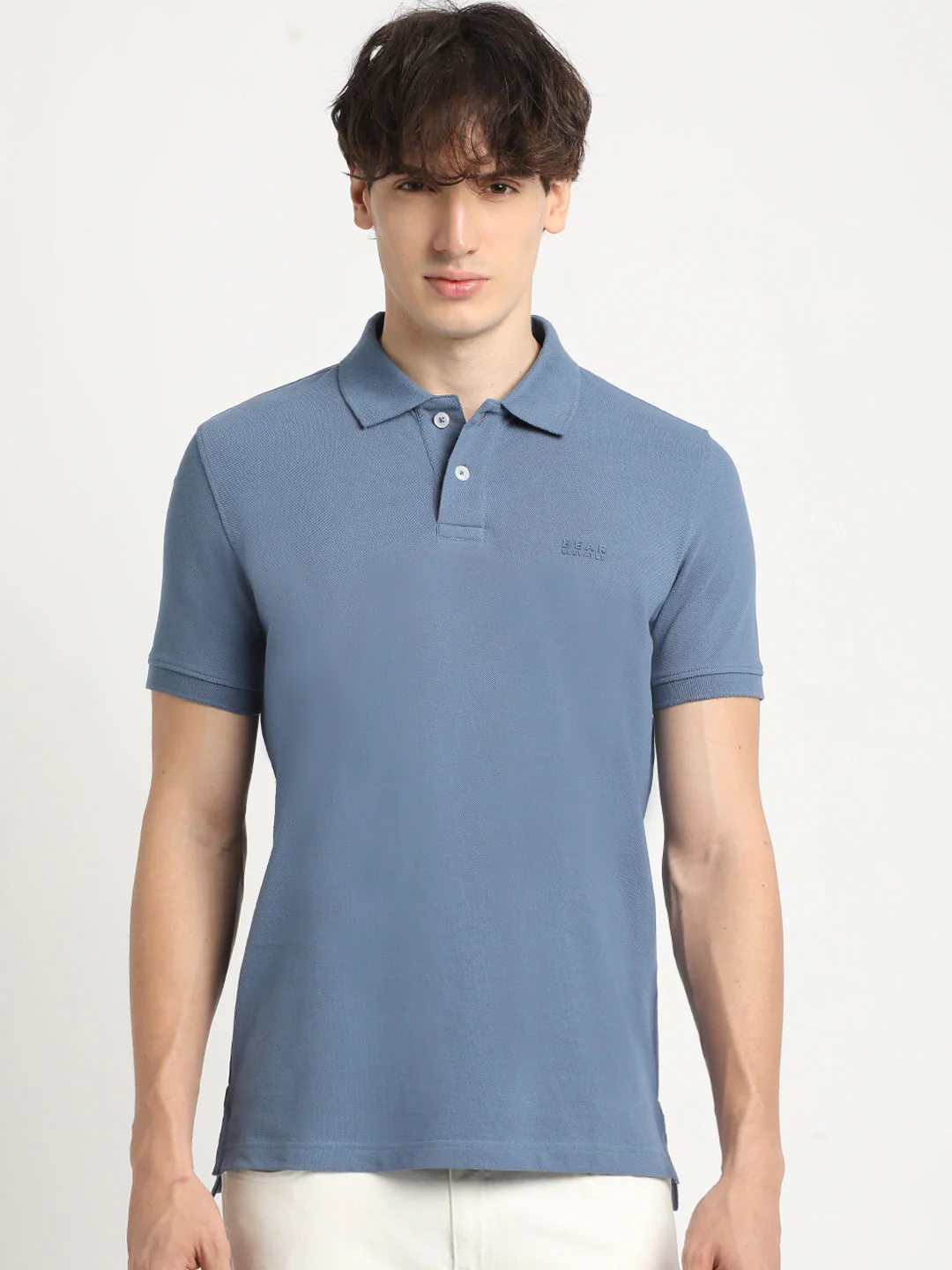 Men Blue Solid Slim Fit Polo Collar T-shirt - Image 2