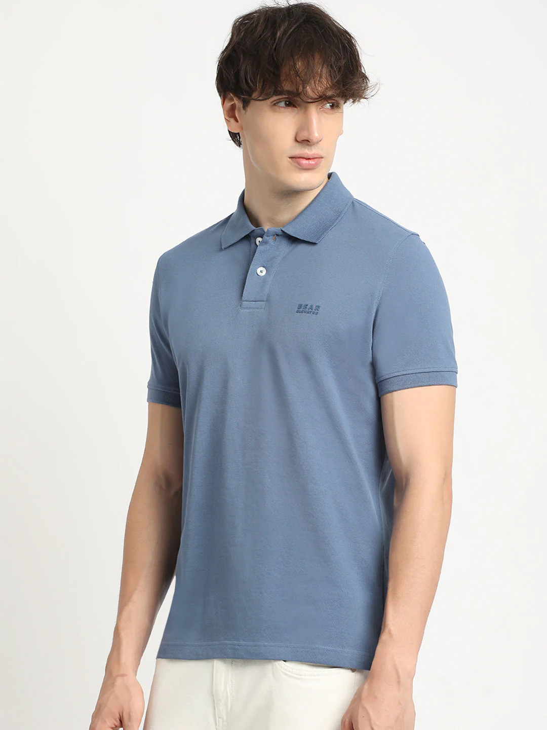 Men Blue Solid Slim Fit Polo Collar T-shirt - Image 3
