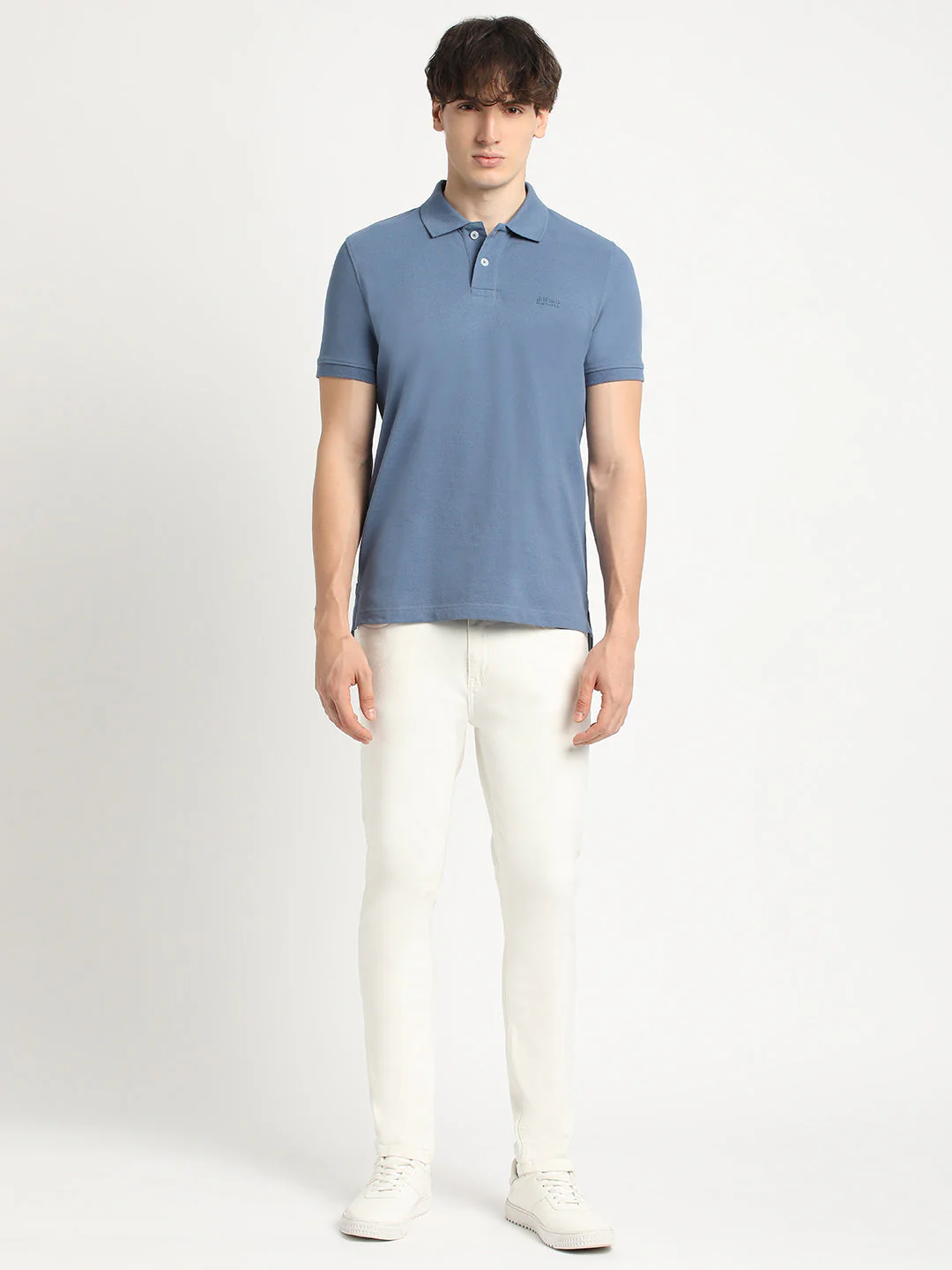 Men Blue Solid Slim Fit Polo Collar T-shirt - Image 5